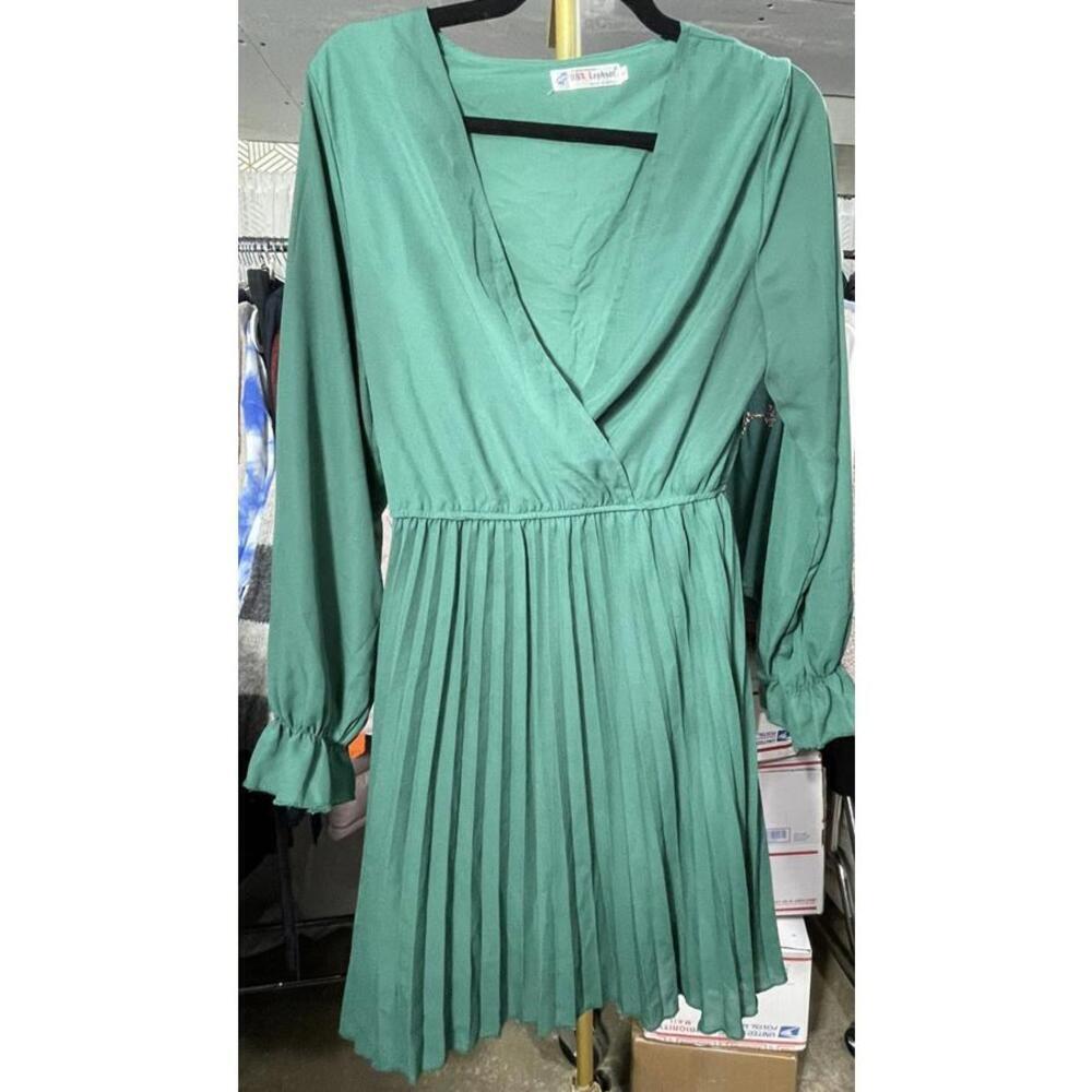 BBX Lephsnt Women’s Long Puff Sleeve V Neck Pleated Ruffle Green Dress S